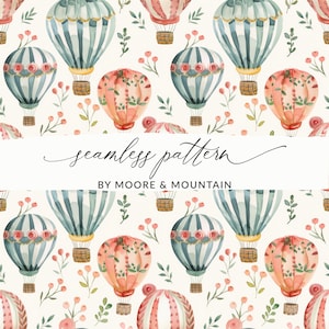 Hot Air Balloons With Flowers Seamless Pattern Hot Air Balloons Background with Flowers, Cute Hot Air Balloons Seamless Pattern