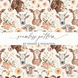 Puede incluir: Un patrón sin costuras con ilustraciones de acuarela de vacas y flores. Las vacas son marrones y blancas con manchas. Las flores son rosas, amarillas y blancas. El fondo es de color crema claro. El texto "seamless pattern" y "by Moore & Mountain" está incluido en el diseño.