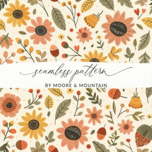 Peut inclure: Un motif sans couture présentant une variété de fleurs et de feuilles dans des tons d'orange, de jaune, de vert et de rouge. Le motif est sur un fond crème et comprend le texte "seamless pattern by Moore & Mountain".
