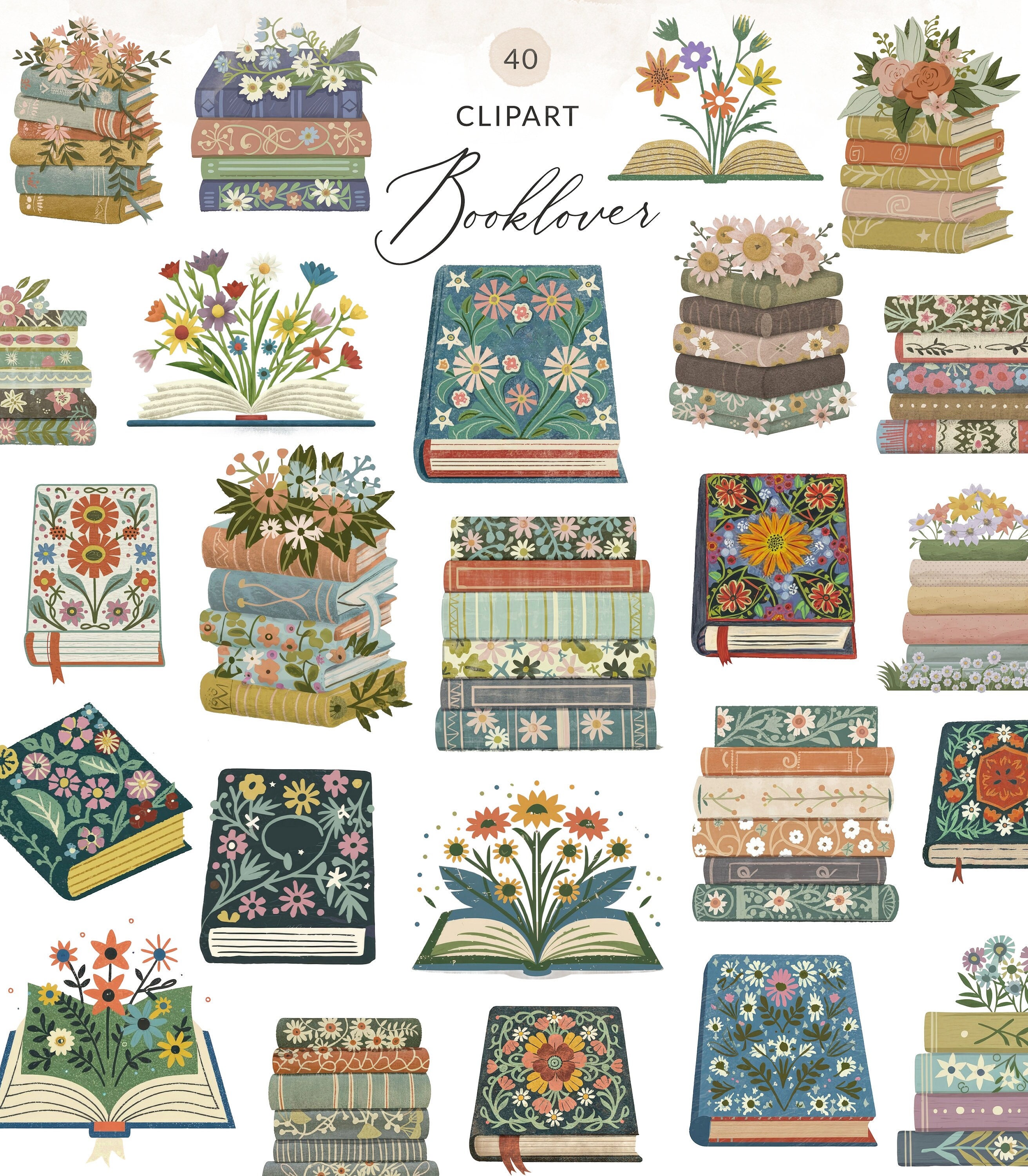 40 Booklover Clipart, Illustrated Books Clipart Images, Books With Flowers Clip Art, Literature Clipart Books, Book with Flowers PNG