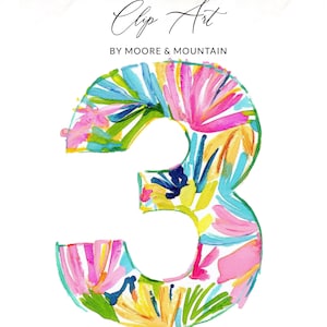 Può includere: Illustrazione ad acquerello del numero tre, ornata da vivaci motivi floreali in rosa, blu, giallo e verde. Il testo "Clip Art" e "BY MOORE & MOUNTAIN" è scritto in corsivo nero sopra e sotto il numero.