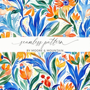 Patrón de azulejos mexicanos pintados sin costuras, patrón de fondo de Talavera sin costuras, fondo floral mexicano naranja y azul con acuarela sin costuras