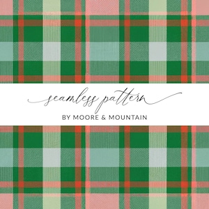 May include: Seamless pattern featuring a plaid design in shades of green, pink, and white. The text "seamless pattern" and "by Moore & Mountain" is displayed below the pattern.