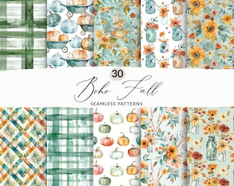 30 Seamless Boho Fall Patterns, Seamless Watercolor Autumn Patterns, Modern Fall Seamless Pattern Pack, Watercolor Fall Pumpkins Pattern Set