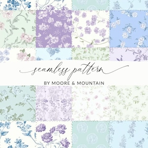 May include: A seamless pattern design with floral motifs in pastel shades. The design features squares with various flower illustrations in blue, purple, and pink. The text "seamless pattern" and "BY MOORE & MOUNTAIN" are also visible.