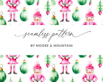 Christmas Seamless Nutcracker Pattern, Watercolor Nutcracker Digital Paper, Seamless Pink Nutcracker File, Christmas Nutcracker Background