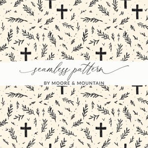 May include: A seamless pattern design featuring black crosses and botanical elements like leaves and sprigs on a cream background. The text "seamless pattern" and "BY MOORE & MOUNTAIN" are also present.