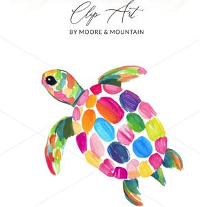 May include: Colorful watercolor clip art of a sea turtle. The turtle is painted with a variety of bright colors, including pink, orange, blue, and green. The text "PNG + SVG Clip Art" and "BY MOORE & MOUNTAIN" is at the top. The text "INSTANT DOWNLOAD + COMMERCIAL USE" is at the bottom.