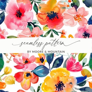 Bright Watercolor Flowers Background Pattern, Seamless Watercolor Spring Floral Background Pattern for Commercial Use, Textile Design