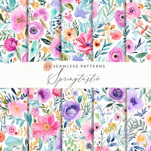 Aquarelle Printemps Floral Seamless Patterns Aquarelle, Fonds de fleurs sans couture, Fleurs de printemps colorées, JPEG, Utilisation commerciale