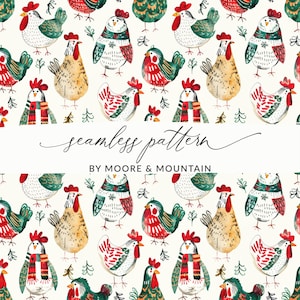 Könnte beinhalten: Nahtloses Muster mit Aquarellillustrationen von Hühnern und Hähnen in verschiedenen Farben, einige tragen Schals. Der Text "seamless pattern" und "BY MOORE & MOUNTAIN" ist ebenfalls sichtbar.