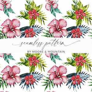 Hawaiian Floral Pattern, Hibiscus Floral Background, Seamless Hawaiian Print Flower Pattern for Commercial Use Tropical Island Floral