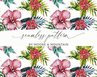 Hawaiian Floral Pattern, Hibiscus Floral Background, Seamless Hawaiian Print Flower Pattern for Commercial Use Tropical Island Floral