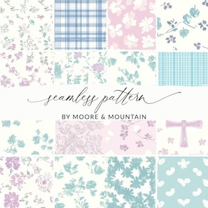 May include: A collection of sixteen seamless patterns in pastel colors. The patterns include floral, plaid, and abstract designs. The text "seamless pattern" and "BY MOORE & MOUNTAIN" are also visible.