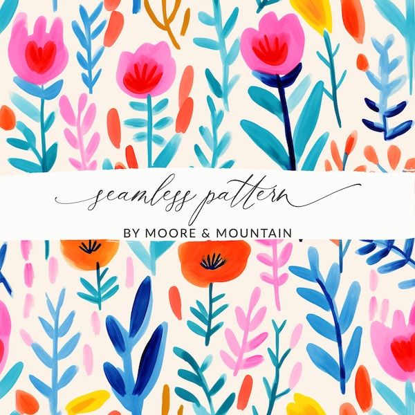 Mod Tulip Seamless Background Pattern, Cute Painted Tulips Seamless Pattern, Kids Design, Kids Pattern, Cute Summer Floral Pattern