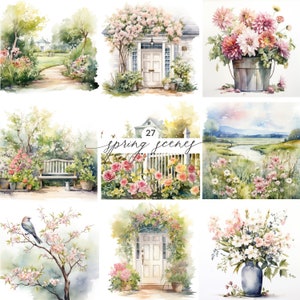 27 Watercolor Spring Field Clipart, Spring Landscape Clip Art, Spring Flower Meadow PNG Whimsical Spring Clipart Images,Spring Fence Clipart
