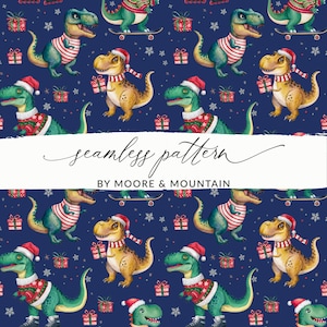 May include: A seamless pattern featuring watercolor illustrations of festive dinosaurs. The dinosaurs are depicted in Santa hats, scarves, and sweaters, some holding gifts or riding skateboards, set against a navy blue background with snowflakes and presents.