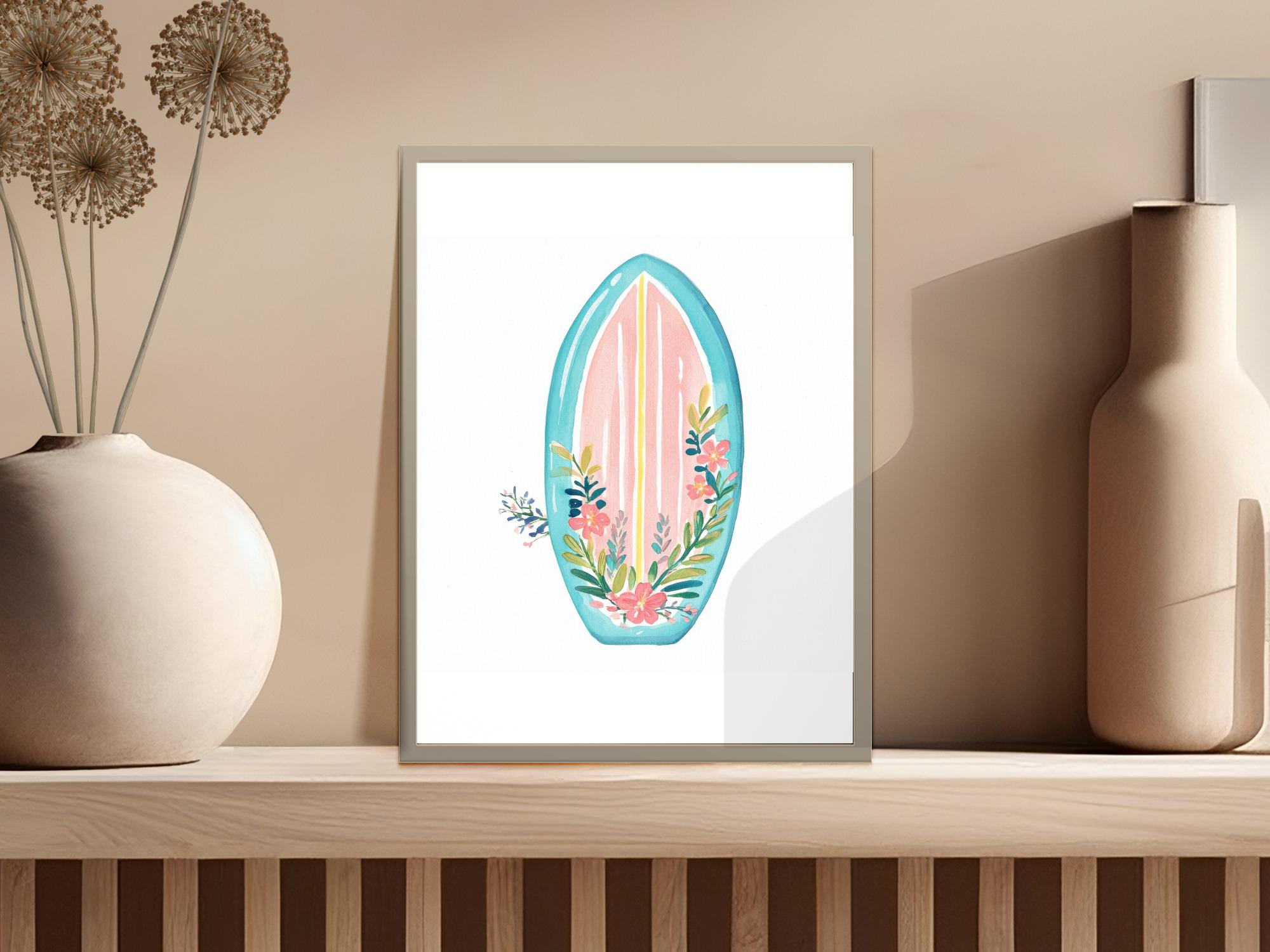 Preppy Surfboard PNG, Rainbow Floral Surf Art SVG, Pastel Beach
