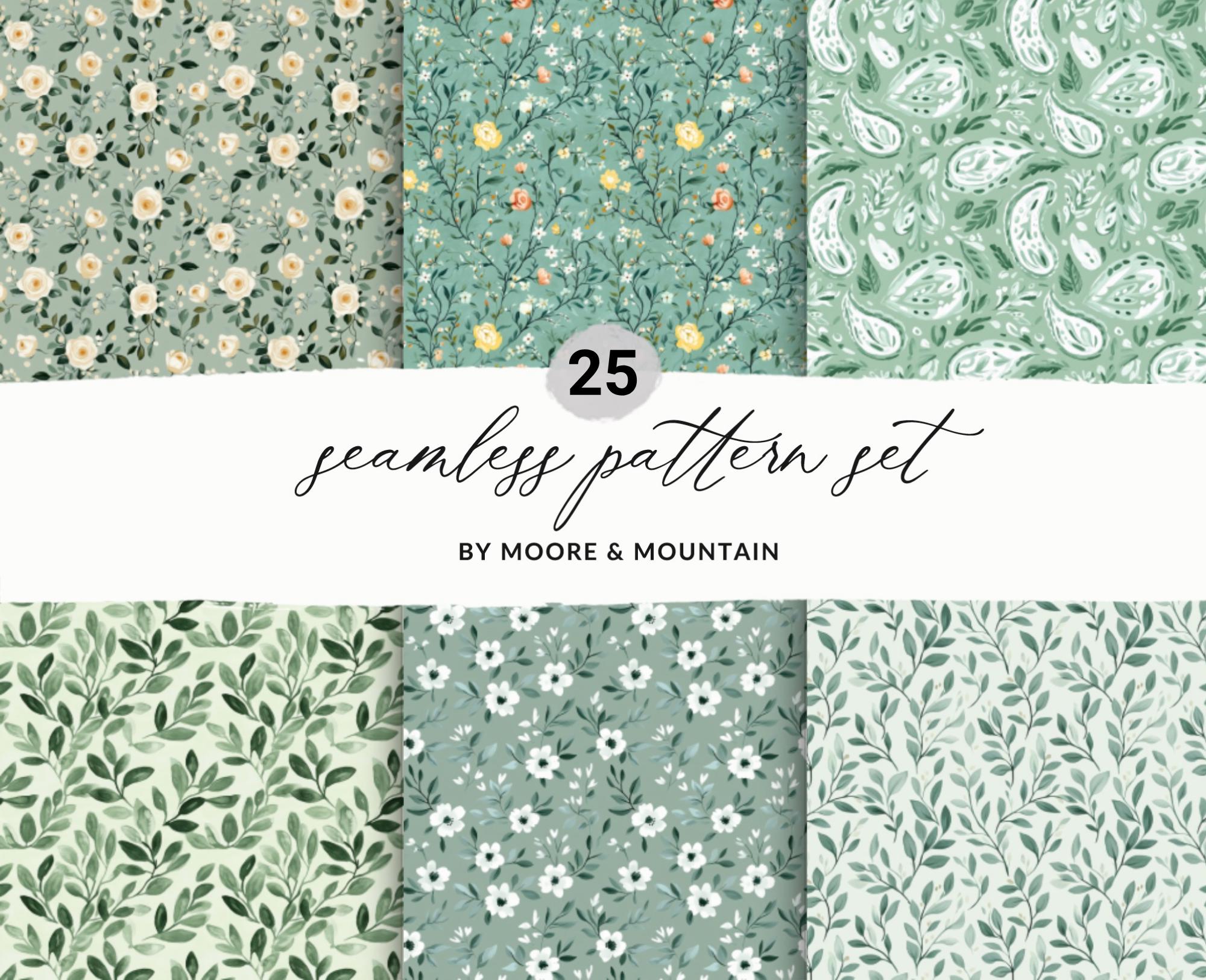 25 Sage Green Floral Pattern Digital Papers Set, Sage Green Botanical ...