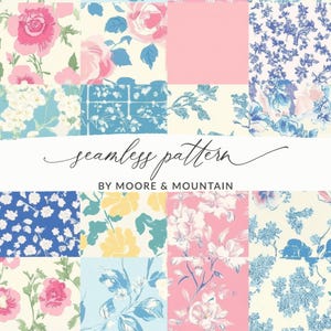 Floral Patchwork Digital Seamless Pattern, Pink Blue Flower Repeat Pattern Design, Printable Fabric Pattern, Commercial License Included