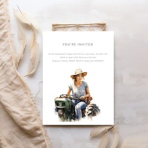 May include: A wedding invitation with a watercolor illustration of a woman in a straw hat driving a green tractor. The text reads "You're Invited" to the wedding of Angie and Carlos on Saturday, October 23, 2024 at 3pm. 1234 Peterwise Street, Augusta, Maine 78402. RSVP to Alexa @ 43203495.