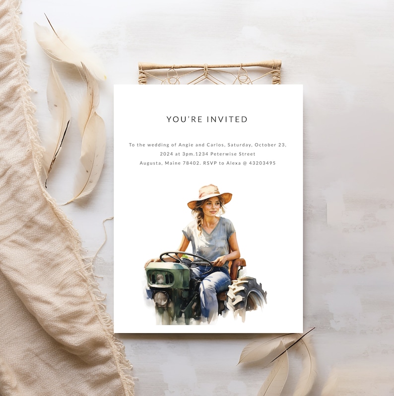 May include: A wedding invitation with a watercolor illustration of a woman in a straw hat driving a green tractor. The text reads "You're Invited" to the wedding of Angie and Carlos on Saturday, October 23, 2024 at 3pm. 1234 Peterwise Street, Augusta, Maine 78402. RSVP to Alexa @ 43203495.