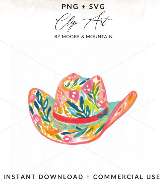 Preppy Floral Cowboy Hat Digital Art, Watercolor Design, PNG SVG Download, Western Decor, Printable Art, Cowgirl Hat