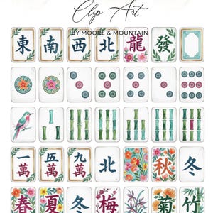 Può includere: Una collezione di tessere rettangolari da Mahjong con illustrazioni ad acquerello di caratteri cinesi, steli di bambù, fiori colorati, uccelli e motivi stagionali. Il testo Clip Art BY MOORE & MOUNTAIN è centrato in alto nella griglia.