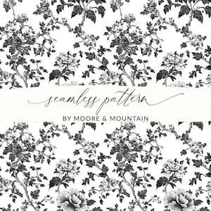 Puede incluir: Patrón sin costuras en blanco y negro con un diseño floral con delicadas ramas y hojas. El patrón se repite en toda la imagen. El texto "seamless pattern" y "BY MOORE & MOUNTAIN" está incluido en la imagen.