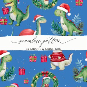 May include: A seamless pattern featuring watercolor illustrations of dinosaurs wearing Santa hats and holding presents. The background is a bright blue with white snowflakes and green foliage. The pattern is perfect for holiday crafts and projects.