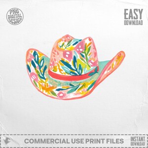 Colorful Floral Cowboy Hat Print Download, Hand Painted Watercolor Art, Instant Digital Download, Commercial Use, PNG Clipart