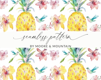 Tropical Pineapple Seamless Background Pattern, Watercolor Pineapple Repeating Background Digital File, PNG Pineapple Background Painted