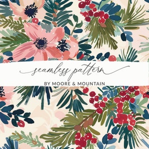 Papel digital con diseño sin costuras de Navidad, flores de Navidad, ramas de pino y bayas de invierno, papel digital para diseño de sublimación