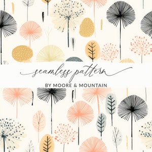 May include: A seamless pattern featuring stylized trees with various colors and textures. The trees are in shades of pink, yellow, gray, and black. The background is a light cream color. The text "seamless pattern" and "BY MOORE & MOUNTAIN" is included in the image.