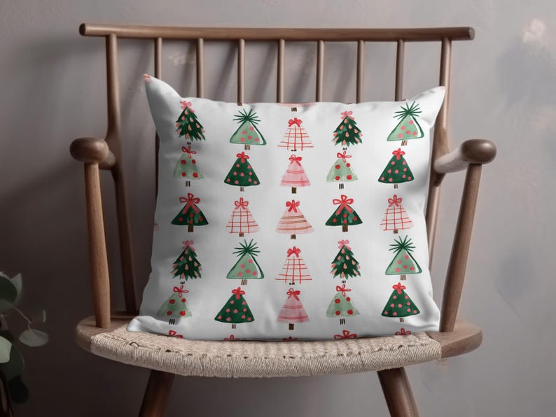 Festive Christmas Pillow Cover, Holiday Decorative Cushion, Xmas Tree Print, Winter Home Decor