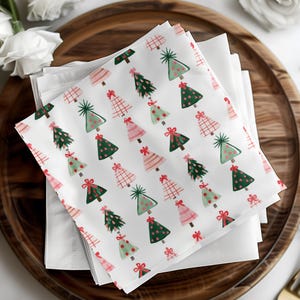 Festive Holiday Napkins with Christmas Trees and Gifts Pattern, Seasonal Dining Decor, Set of Four