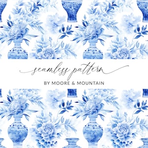 Traditioneel blauw chinoiserie-patroon, naadloos chinoiserie-vaaspatroon, naadloos aquarel chinoiserie-ontwerp, Chinese oosterse bloemen