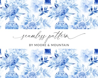 Traditional Chinoiserie Blue Pattern, Seamless Chinoiserie Vase Pattern, Seamless Watercolor Chinoiserie Design, Chinese Oriental Floral