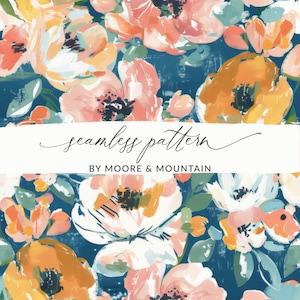 May include: Seamless pattern featuring a vibrant floral design with pink, yellow, and white flowers on a teal blue background. The text "seamless pattern" and "by Moore & Mountain" is displayed on a white banner.