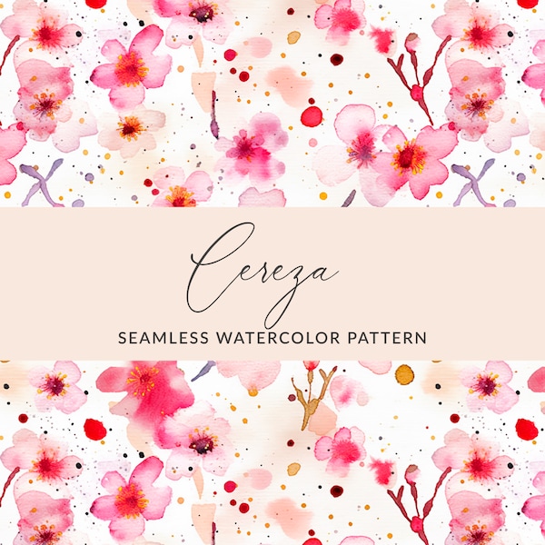 Cherry Blossom Background, Cherry Blossom Clipart Background, Watercolor Cherry Blossoms Seamless Pattern, JPEG INSTANT DOWNLOAD