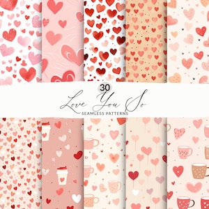 Puede incluir: Un conjunto de 30 patrones digitales sin costuras que presentan varios diseños de corazones en rosa, rojo y blanco. Los patrones son perfectos para el Día de San Valentín, una boda o cualquier ocasión romántica.