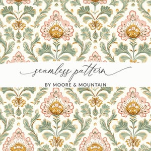 May include: A seamless floral pattern in a repeating design. The pattern features stylized flowers in shades of pink, gold, and green on a cream background. The text "seamless pattern" and "BY MOORE & MOUNTAIN" are displayed in white.