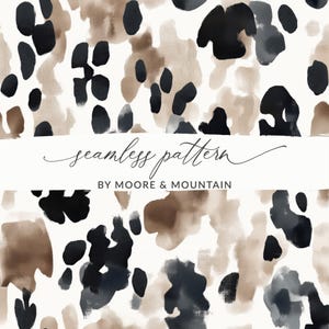 Könnte beinhalten: Nahtloses Musterdesign mit abstrakten Formen in Schwarz, Braun und Beige auf weißem Hintergrund. Der Text "seamless pattern" ist kursiv geschrieben, darunter steht "BY MOORE & MOUNTAIN".