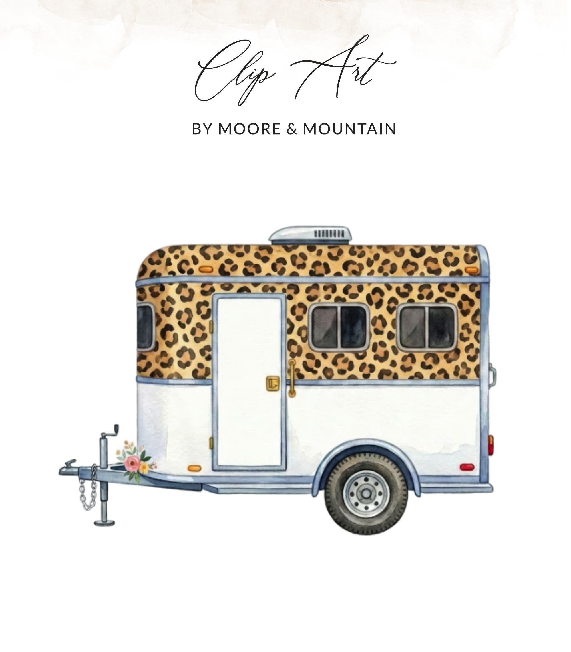 Watercolor Leopard Camper Clip Art PNG SVG Digital, Boho Travel Trailer ...