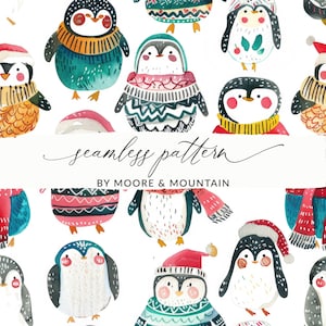 Patrón sin costuras de pingüinos Pingüinos de invierno con suéteres Fondo lindo PNG sin costuras de invierno, patrón de animales navideños Uso comercial