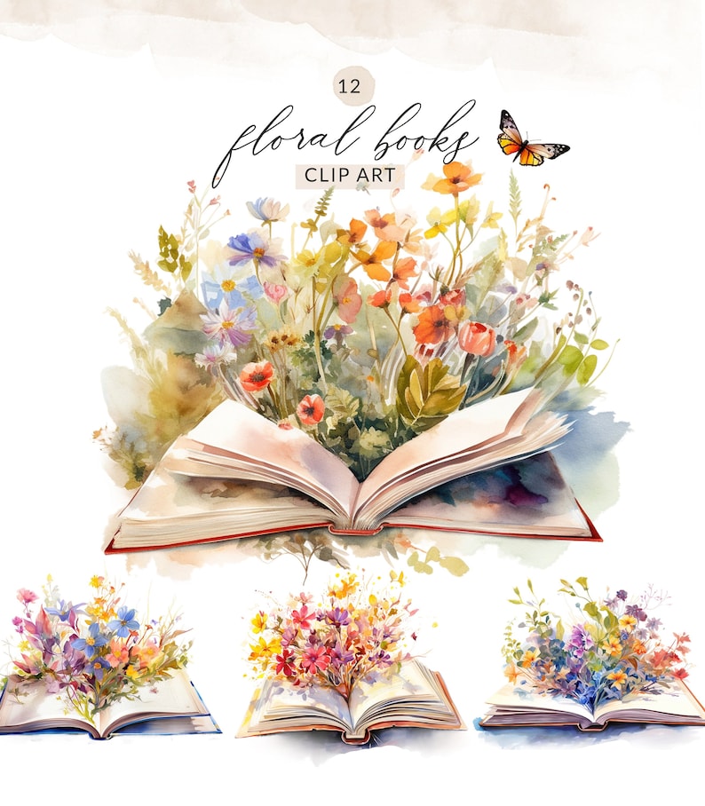 Watercolor Book Flowers Clipart Watercolor Floral Books Etsy