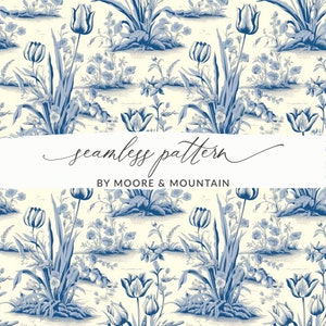 Motif toile de jouy sans couture, motif toile bleue française, toile florale avec fond de fleurs, toile française sans couture, usage commercial PNG