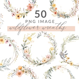 Grinaldas de clipart de flores silvestres, fundos de clipart PressedFlower, molduras de arte PressedFlower, imagens PNG de flores silvestres em aquarela, download instantâneo