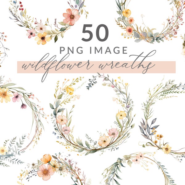 Wild Flower Clipart Wreaths, PressedFlower Clipart Backgrounds, PressedFlower Art Frames, Watercolor Wildflower PNG Images, Instant Download