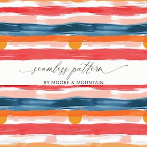 Peut inclure: Motif sans couture avec des coups de pinceau horizontaux rouges, oranges, bleus et roses sur fond blanc. Le motif comprend le texte "seamless pattern" et "BY MOORE & MOUNTAIN".